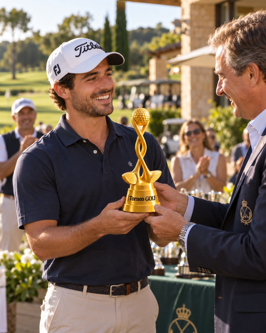 Trofeo Golf Mazze intrecciate con pallina da 24 cm durante una scena di premiazione