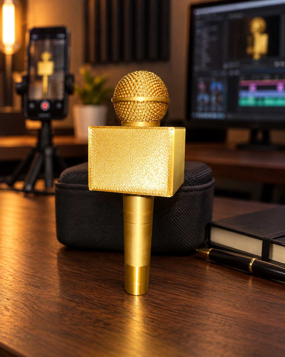 Creator che utilizza un mini microfono color oro durante una registrazione video