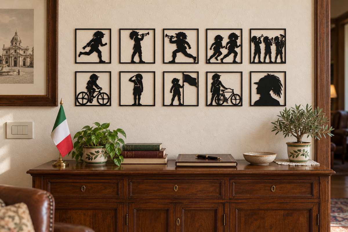 Pack completo di dieci quadretti neri Bersaglieri disposti in due file da cinque sopra un mobile in un salotto.