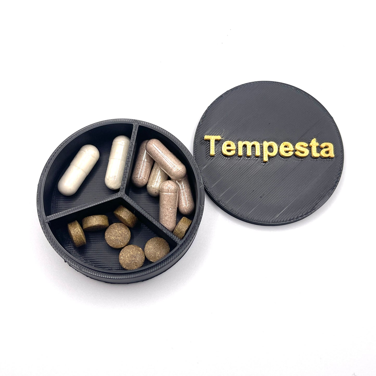 Portapillole rotondo con coperchio personalizzabile - Nero con scritte in oro