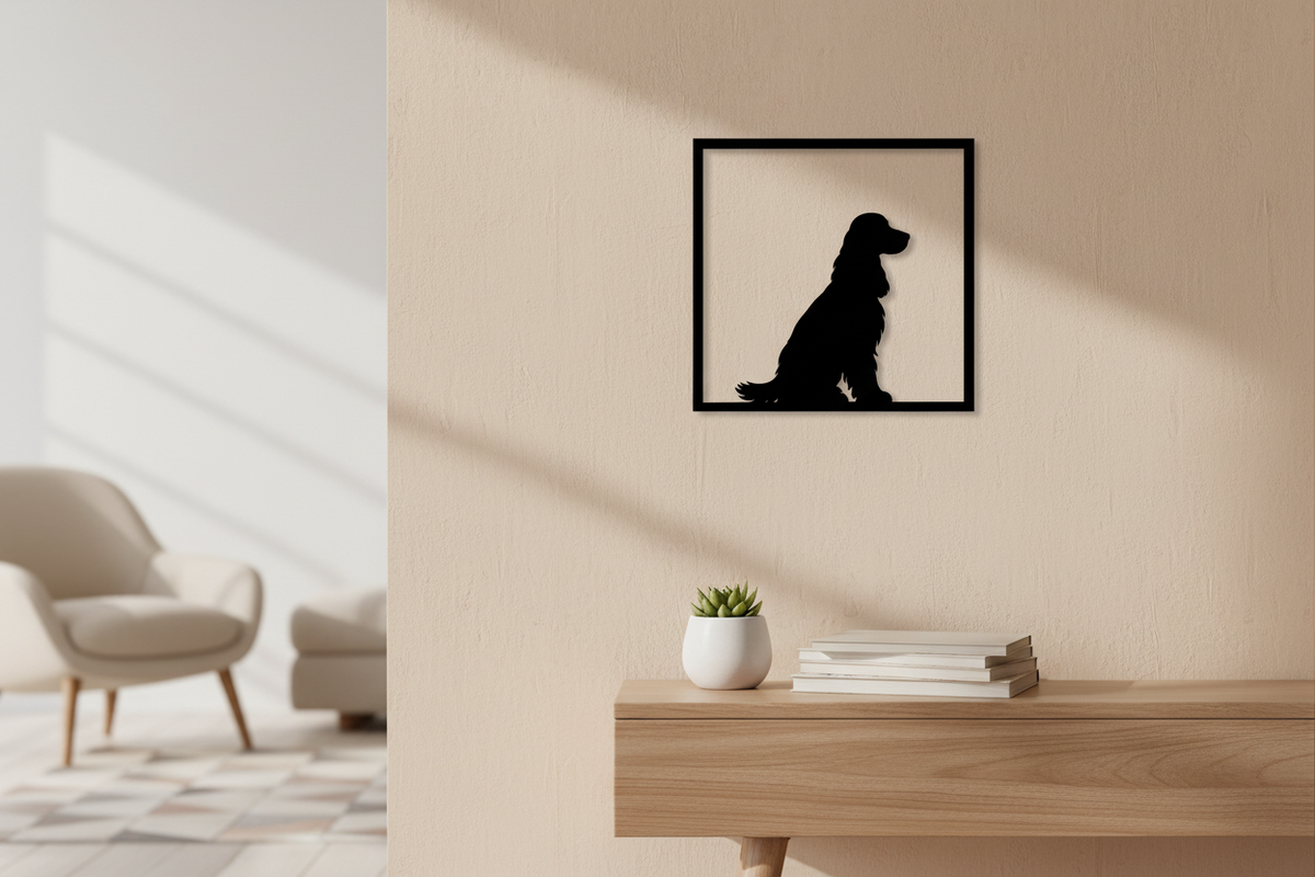 Sagoma nera di Cocker Spaniel ambientata su una parete, con il muro visibile negli spazi vuoti