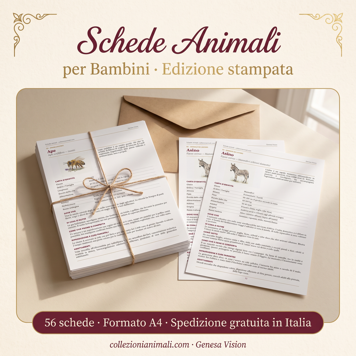 Schede animali per bambini — Pack completo A4 · Edizione stampata