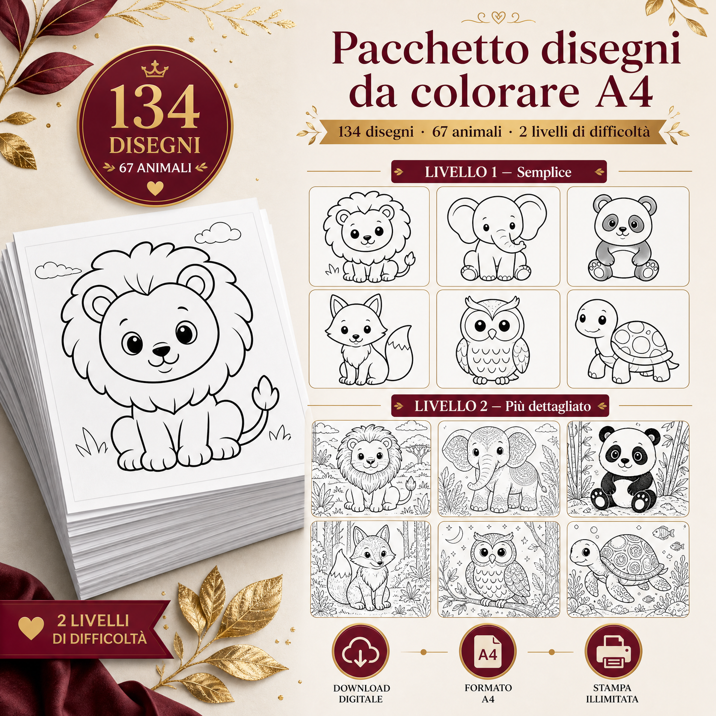 Animali da colorare — Pacchetto digitale A4 · 134 tavole · 67 animali · 2 livelli di difficoltà