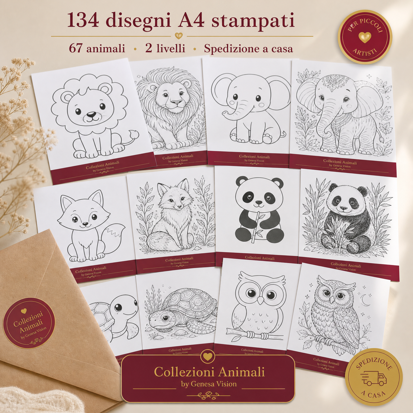 Animali da colorare — Edizione stampata A4 · 134 tavole · 67 animali · 2 livelli di difficoltà