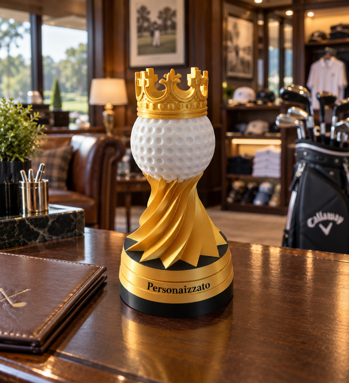 Trofeo Golf Regale 15 cm con pallina bianca, corona e sostegno ornamentale Silk Gold su base personalizzabile