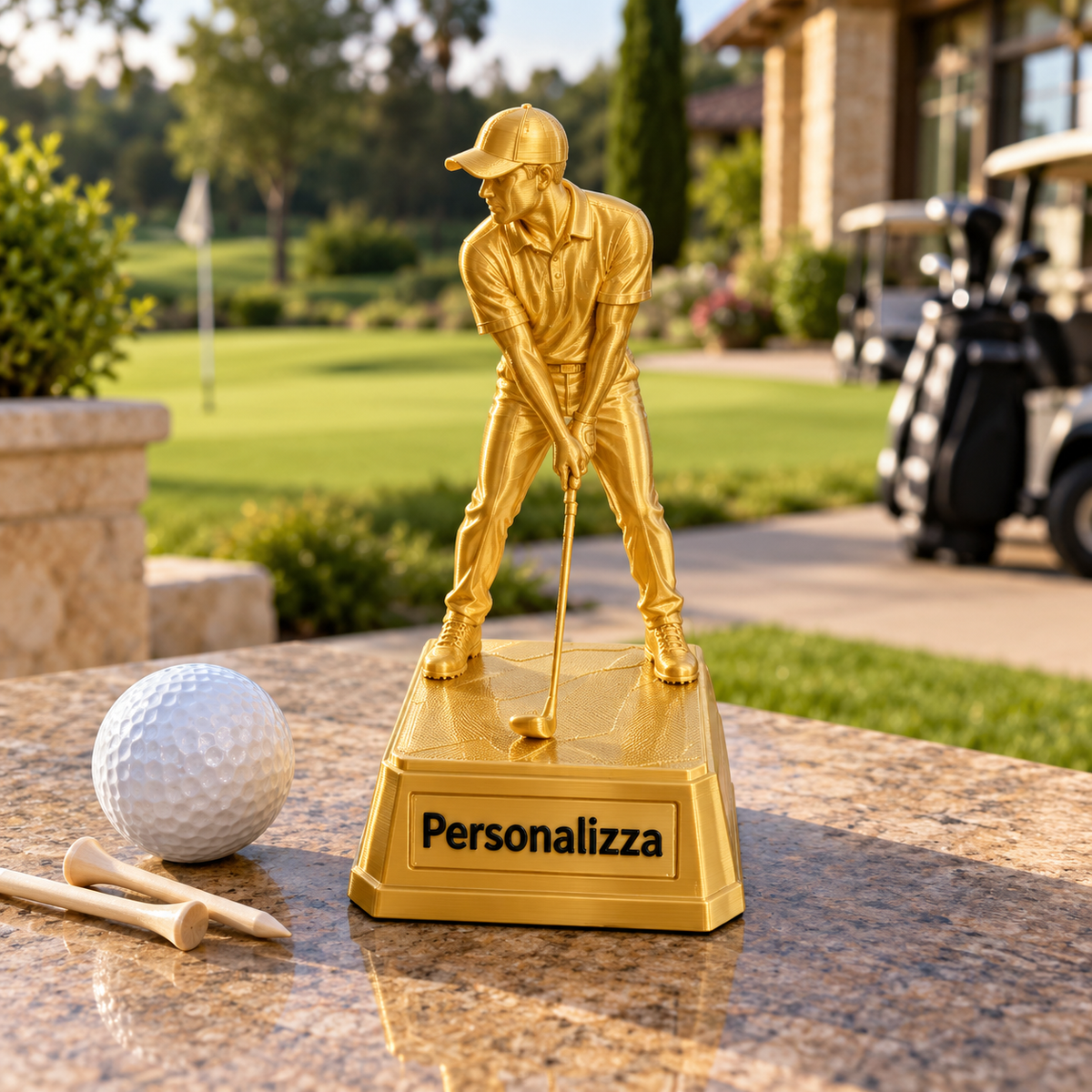 Trofeo Golfista Uomo 15 cm Silk Gold Genesa Vision su base squadrata personalizzabile