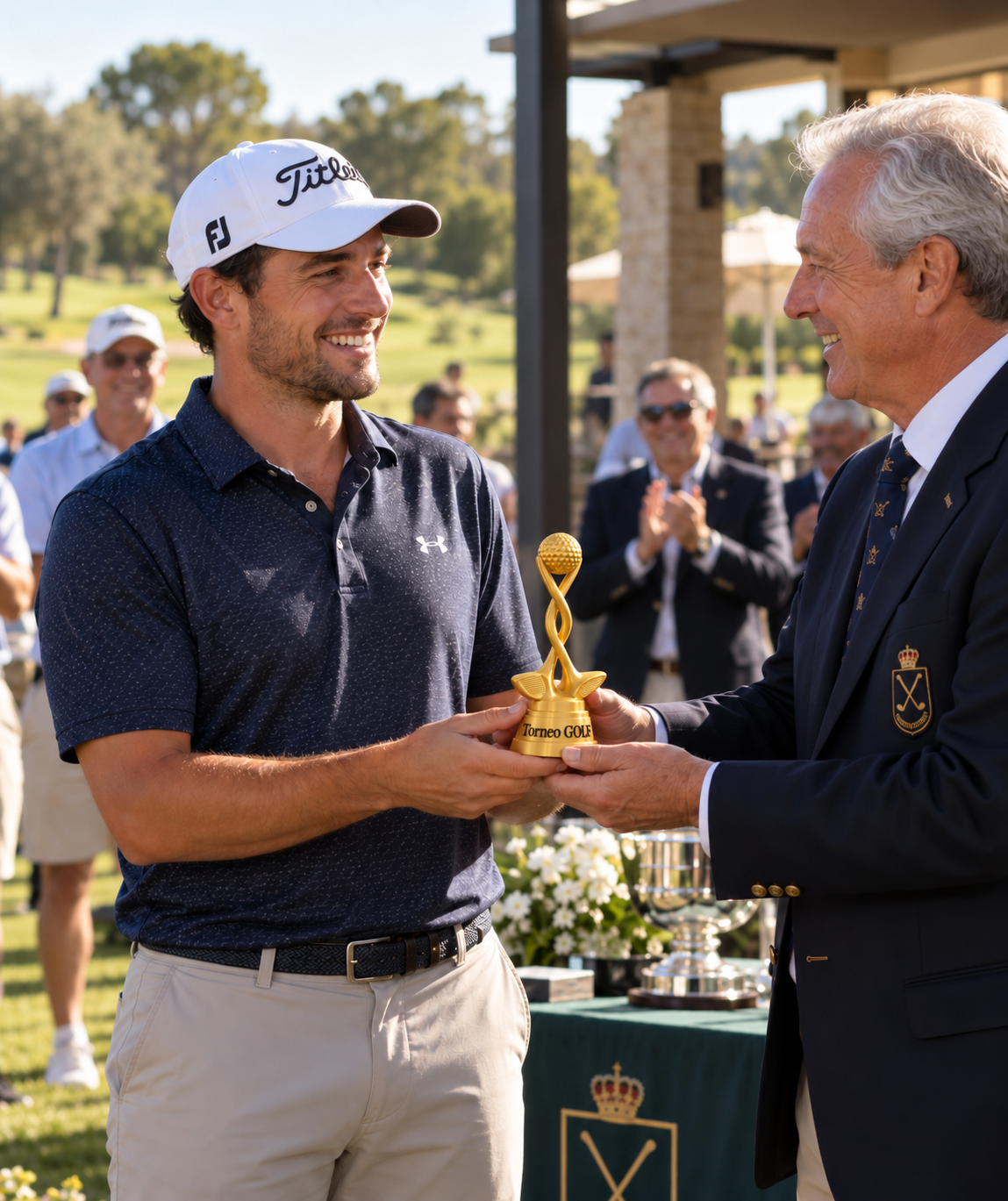 Trofeo Golf Mazze intrecciate con pallina da 15 cm durante una scena di premiazione