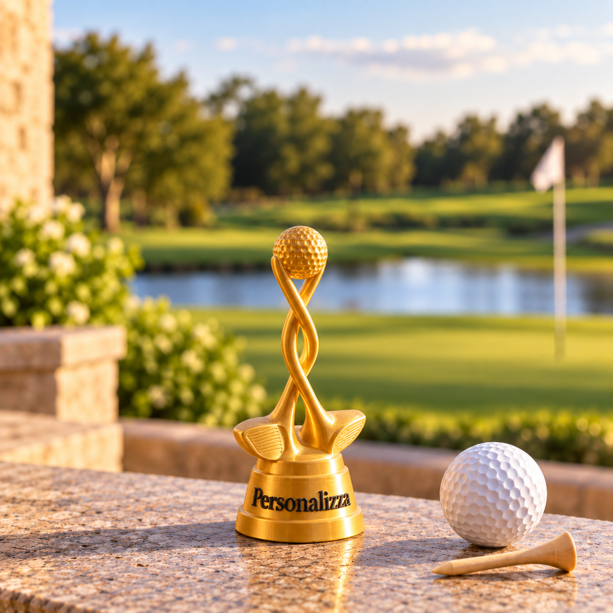 Trofeo Golf Mazze intrecciate con pallina 15 cm Silk Gold – Personalizzabile
