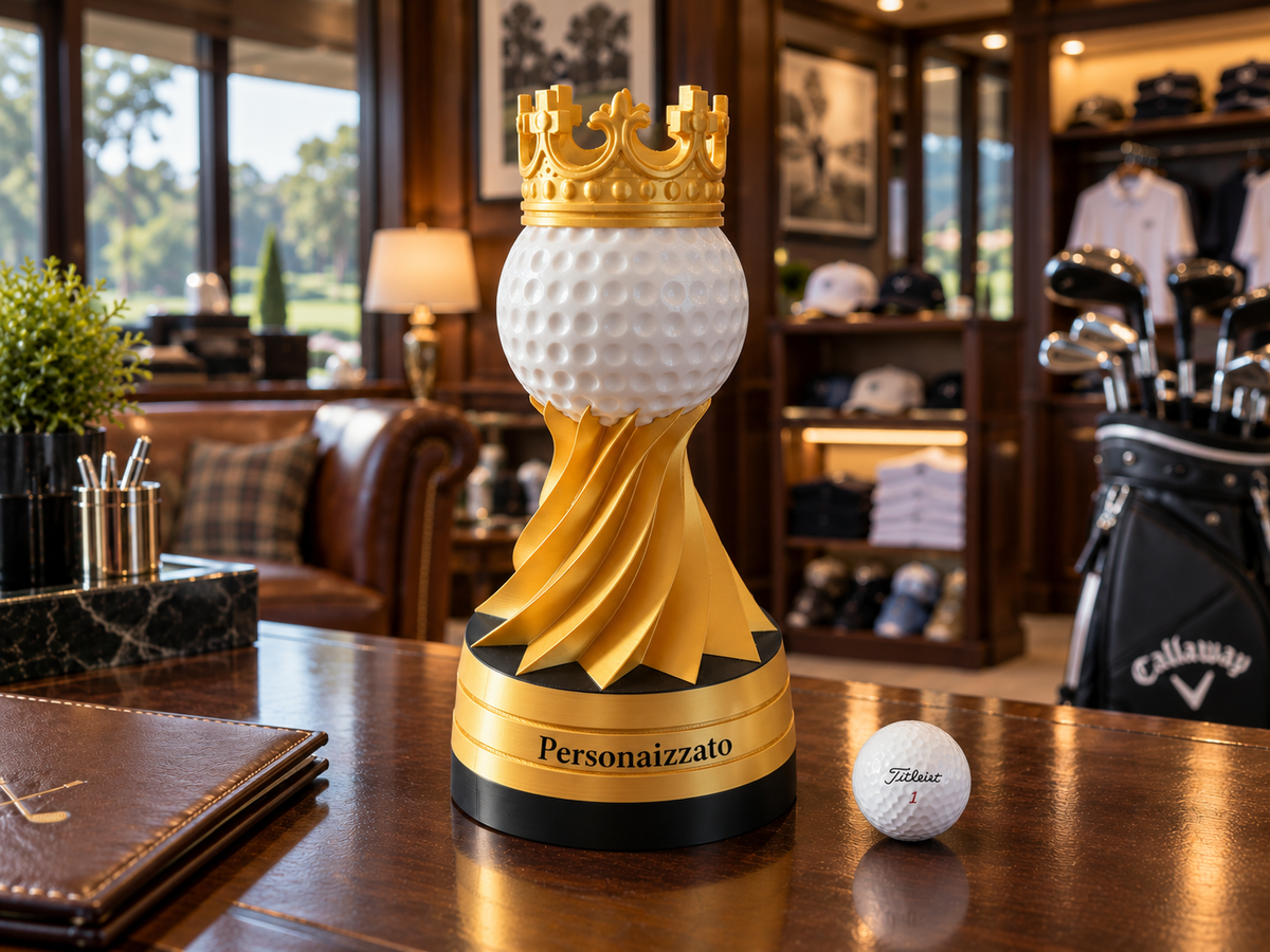 Trofeo Golf Regale 24 cm con pallina bianca, corona e sostegno ornamentale Silk Gold su base personalizzabile