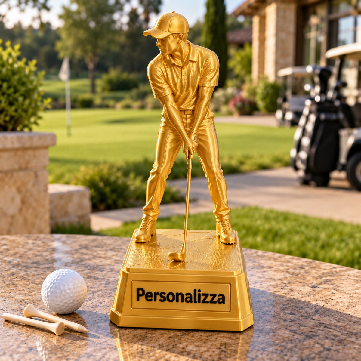 Trofeo Golfista Uomo 24 cm Silk Gold Genesa Vision su base squadrata personalizzabile