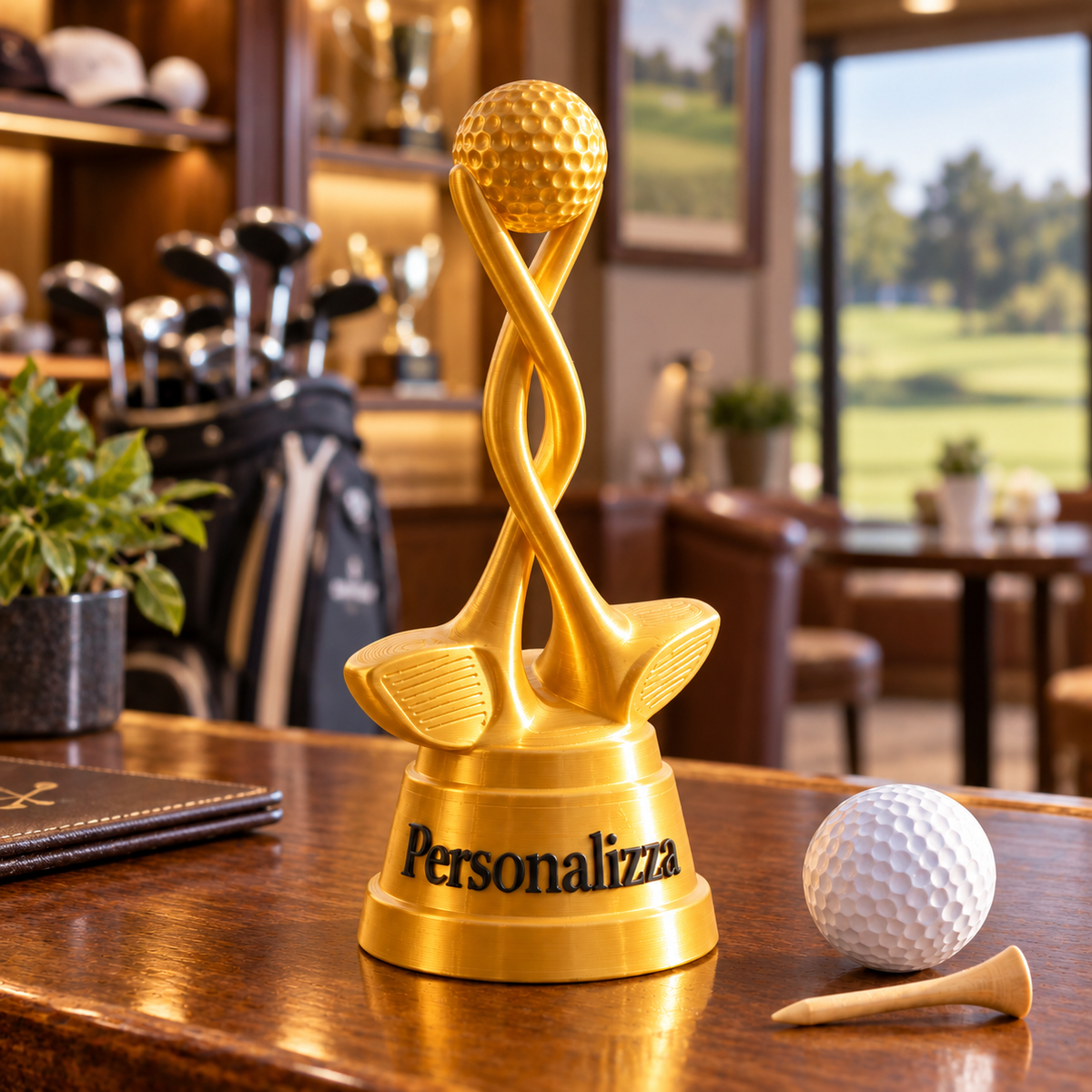 Trofeo Golf Mazze intrecciate con pallina 24 cm Silk Gold su base personalizzabile