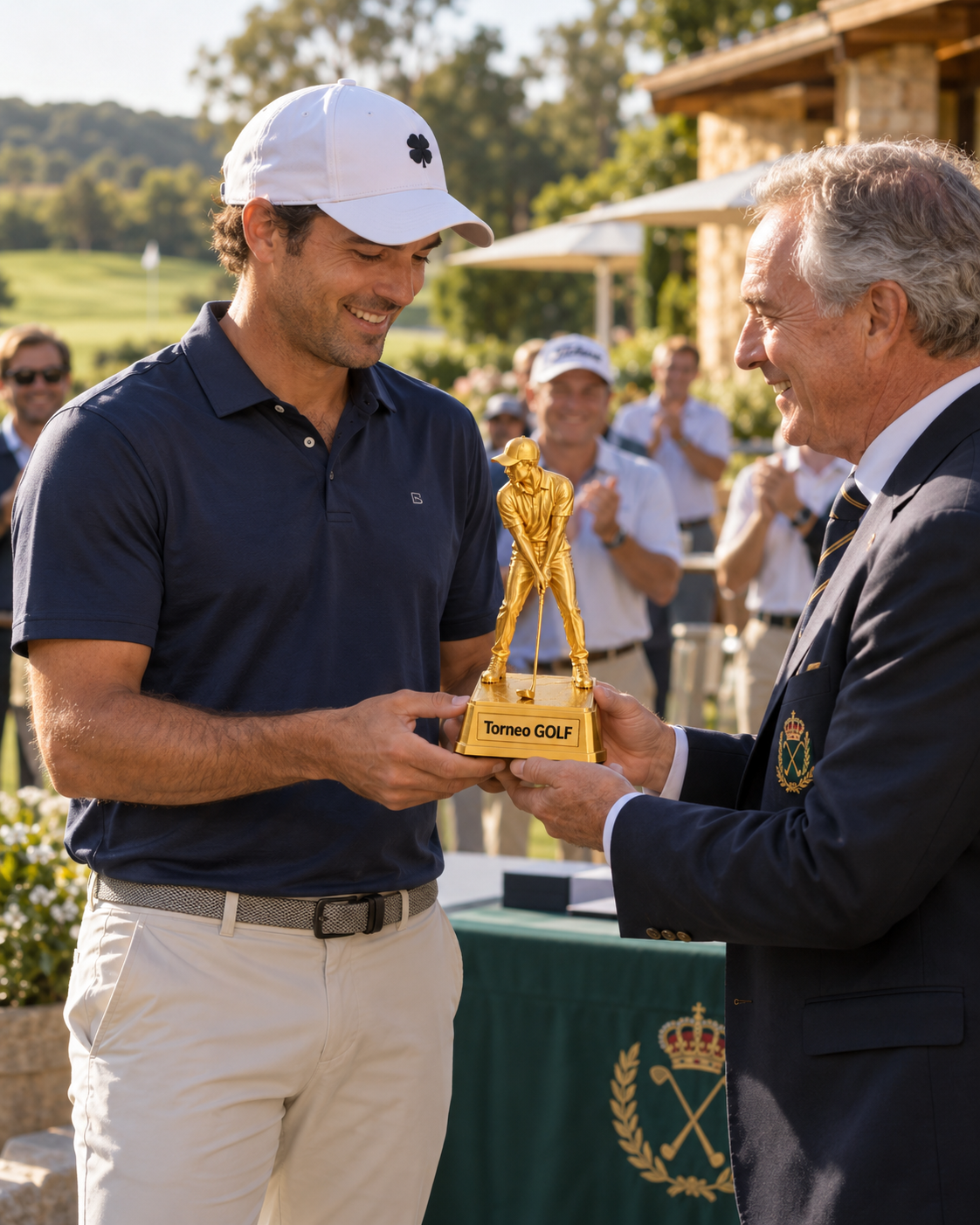 Trofeo Golfista Uomo 24 cm Silk Gold durante una scena di consegna al vincitore