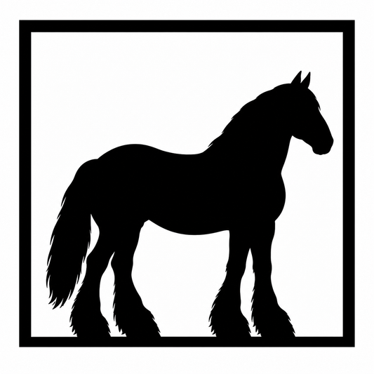 Quadretto da parete con la silhouette nera del cavallo Shire in una cornice quadrata