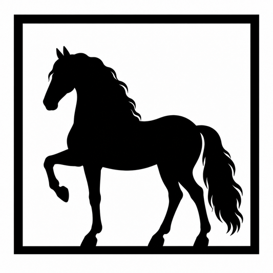 Quadretto da parete con la silhouette nera del cavallo andaluso in una cornice quadrata