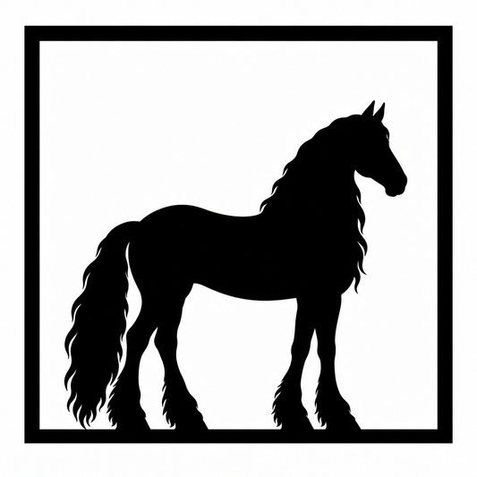 Quadretto da parete con la silhouette nera del cavallo frisone in una cornice quadrata
