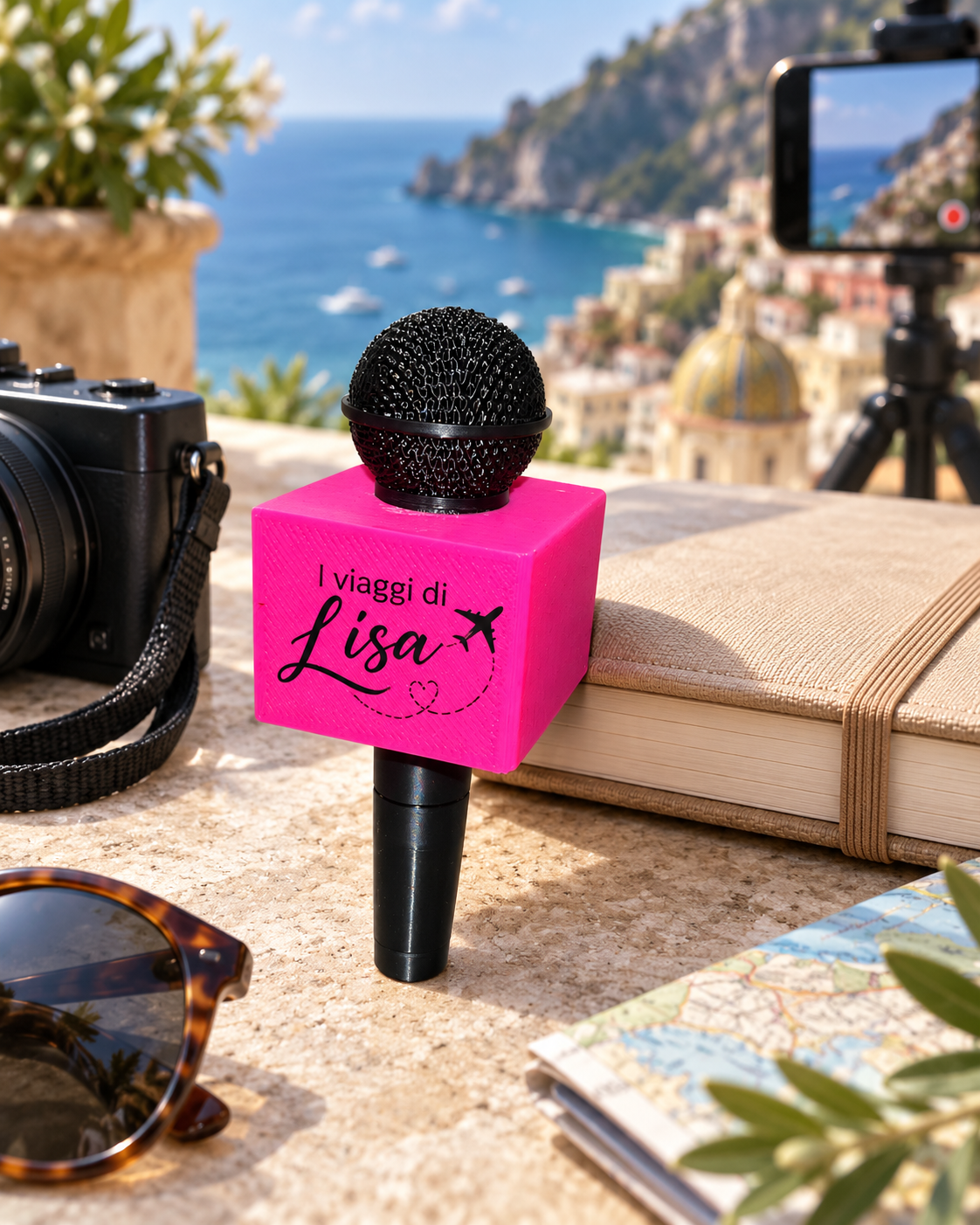 Mini microfono creator fucsia con esempio di personalizzazione I viaggi di Lisa