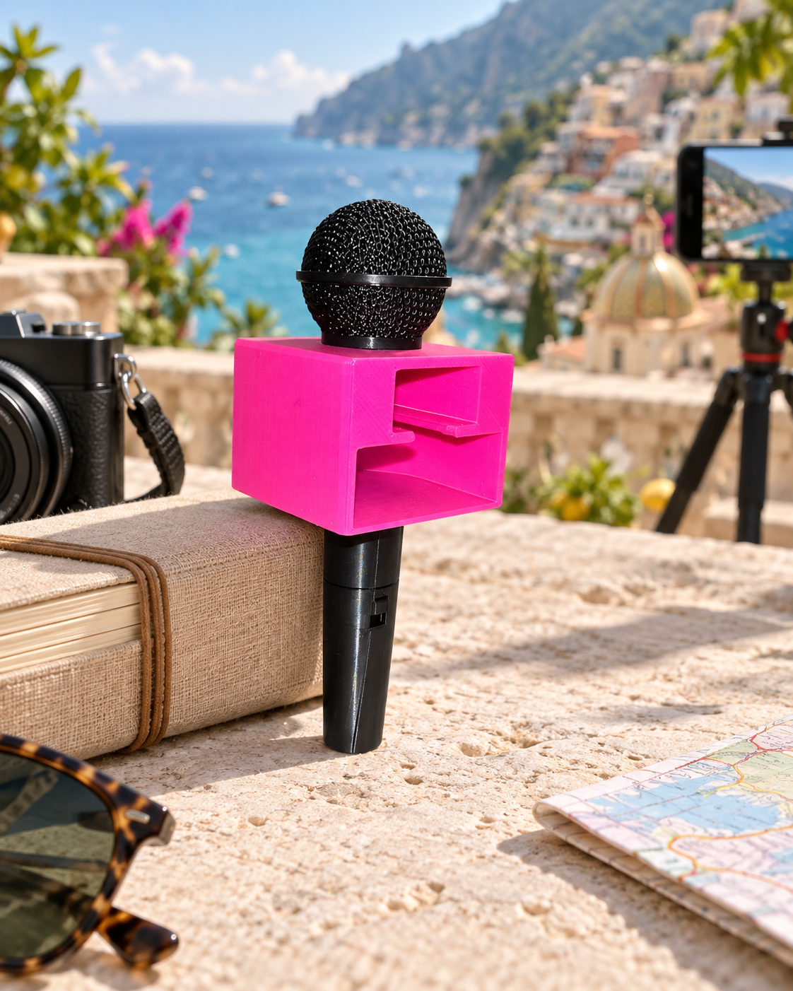 Mini microfono creator con base fucsia e capsula nera, ambientato in un set di viaggio
