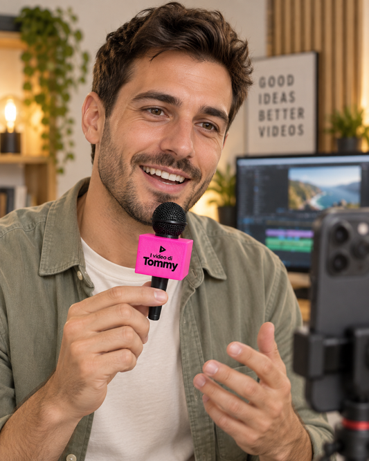 Creator che utilizza un mini microfono con personalizzazione I video di Tommy