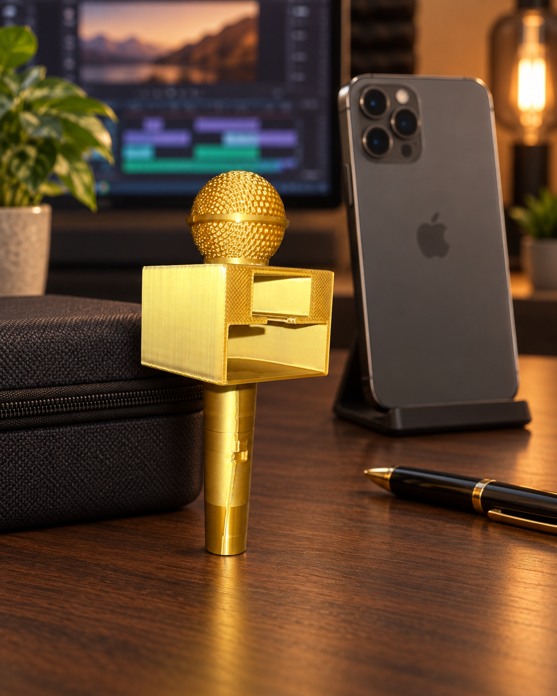 Mini microfono creator color oro con capsula effetto rete e piastra rettangolare