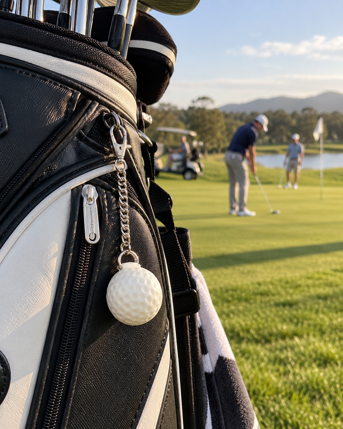 Charm pallina da golf agganciato alla sacca sul campo da golf