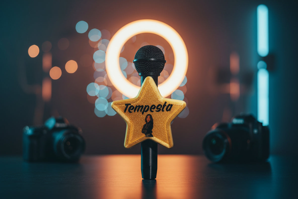 Vista posteriore del mini microfono creator a forma di stella color oro con capsula nera