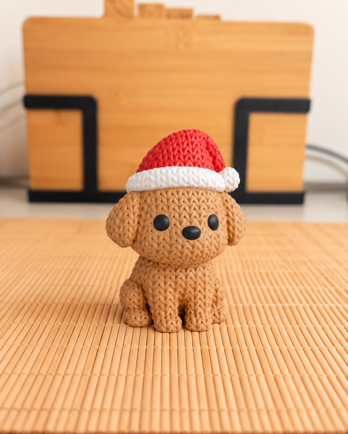 Cagnolino color biscotto seduto effetto maglia con cappello natalizio rosso e bianco