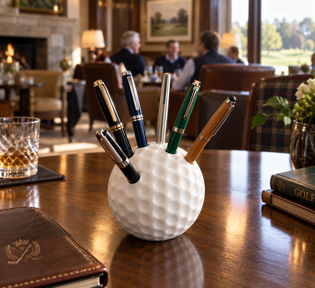 Portapenne bianco a forma di pallina da golf con penne inserite, su scrivania in una club house