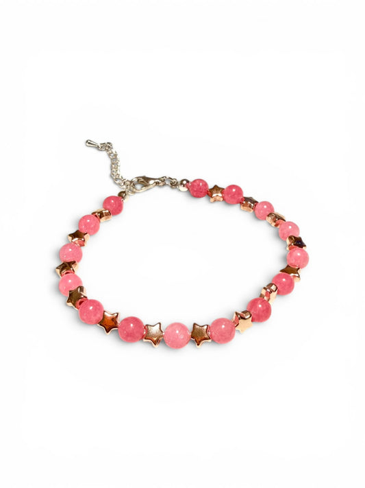 Bracciale in Rodocrosite Naturale con Stelle - 6mm e Oro Rosé