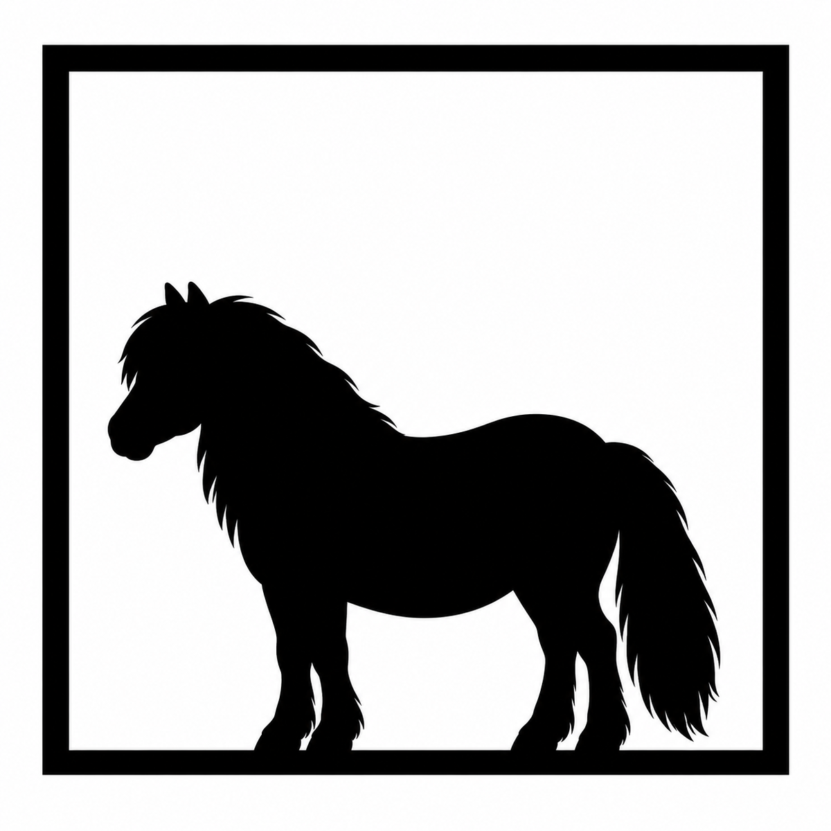 Quadretto da parete con la silhouette nera del Pony Shetland in una cornice quadrata