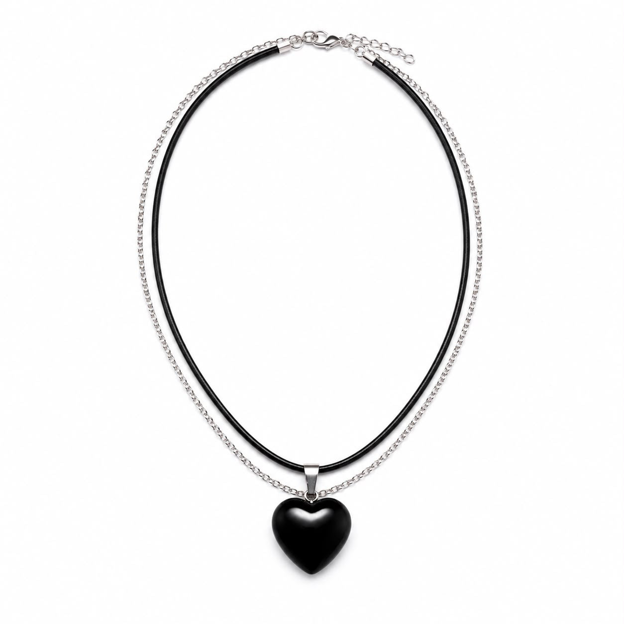 Collana cordoncino + catenella con ciondolo Cuore in Onice nero – 2 cm