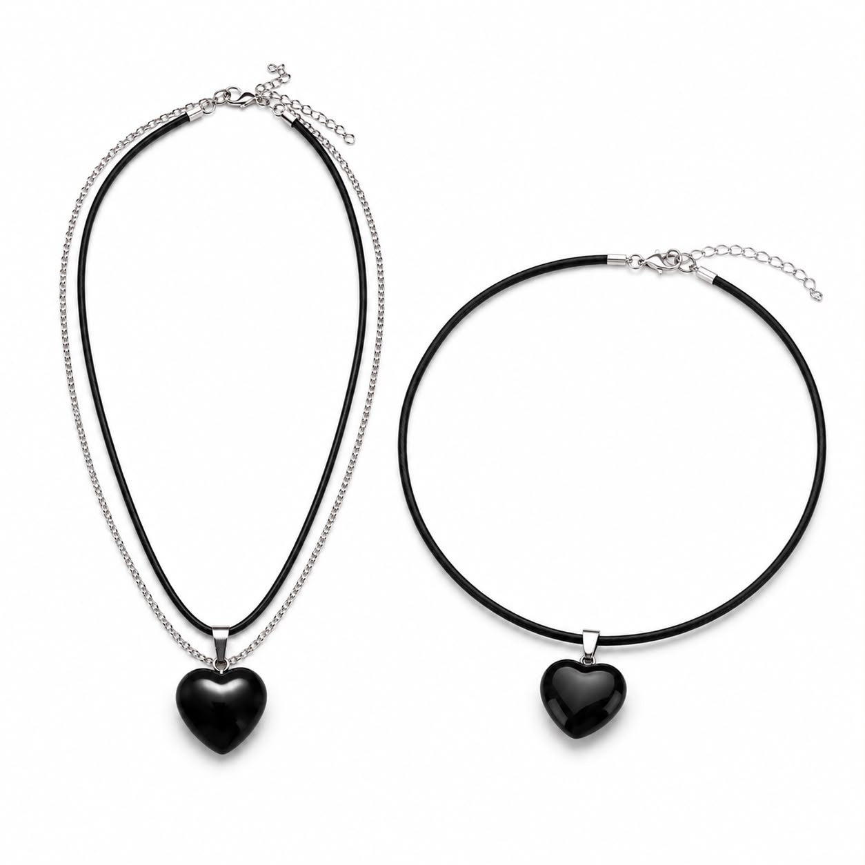 Coppia Collane Cuore Onice Nero – Cordoncino & Cordoncino + Catenella Acciaio