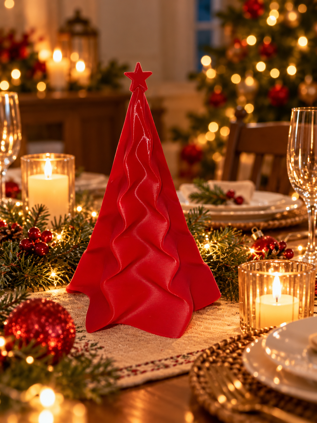 Albero di Natale rosso con pieghe ondulate e stella – 12,7 cm
