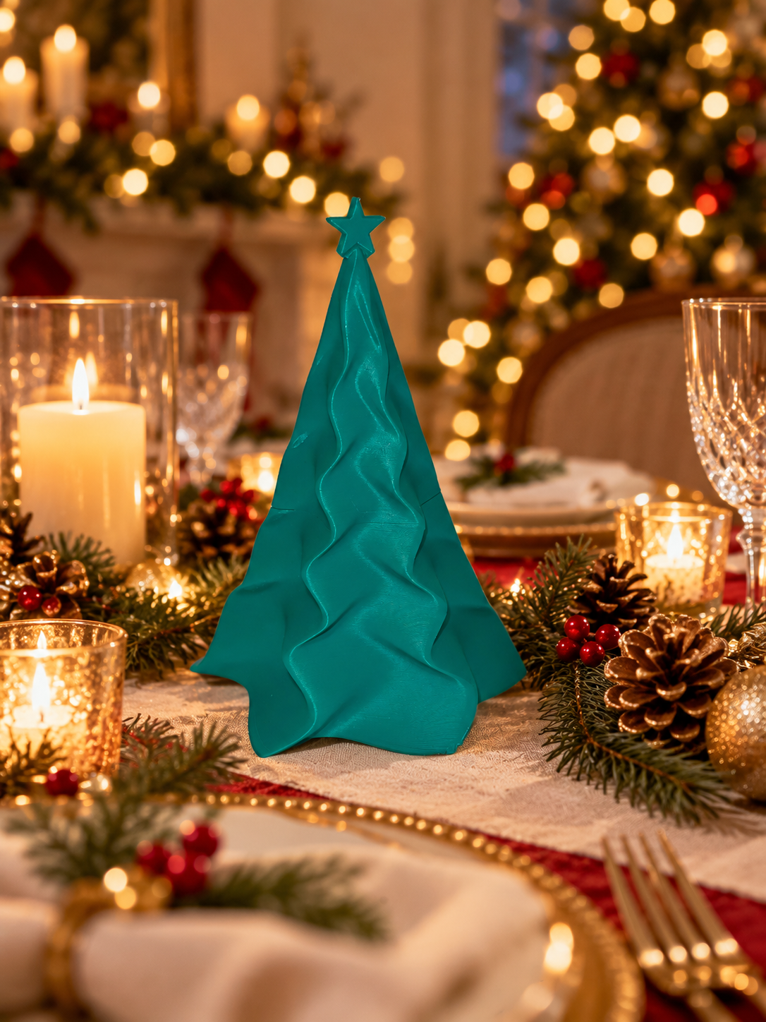 Albero di Natale verde petrolio con pieghe ondulate e stella