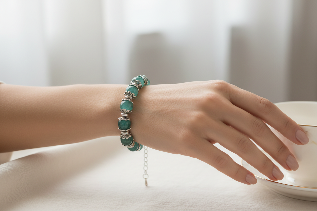 Bracciale acquamarina indossato da modella