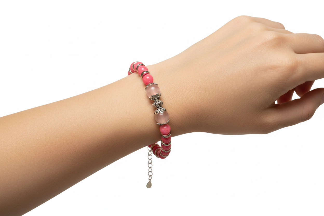 Bracciale rodocrosite e quarzo rosa con farfalla indossato da modella
