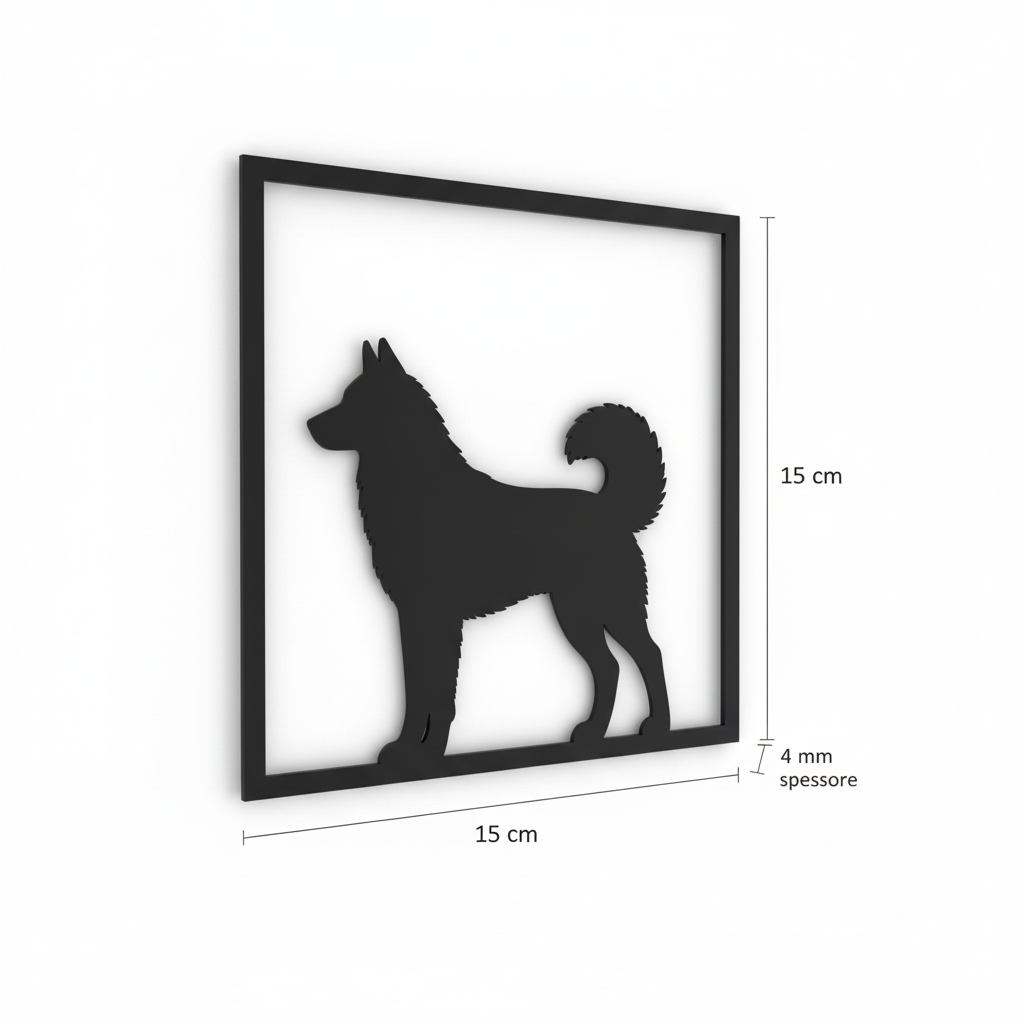 Render 3D del quadretto Husky con misure 15 cm di larghezza, 15 cm di altezza e spessore 4 mm
