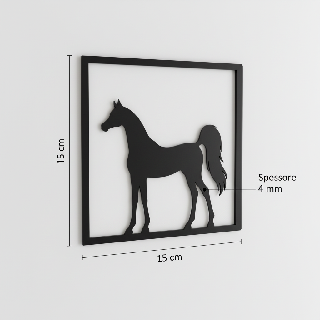 Vista 3D del quadretto da parete del cavallo arabo con dimensioni 15 × 15 cm e spessore 4 mm