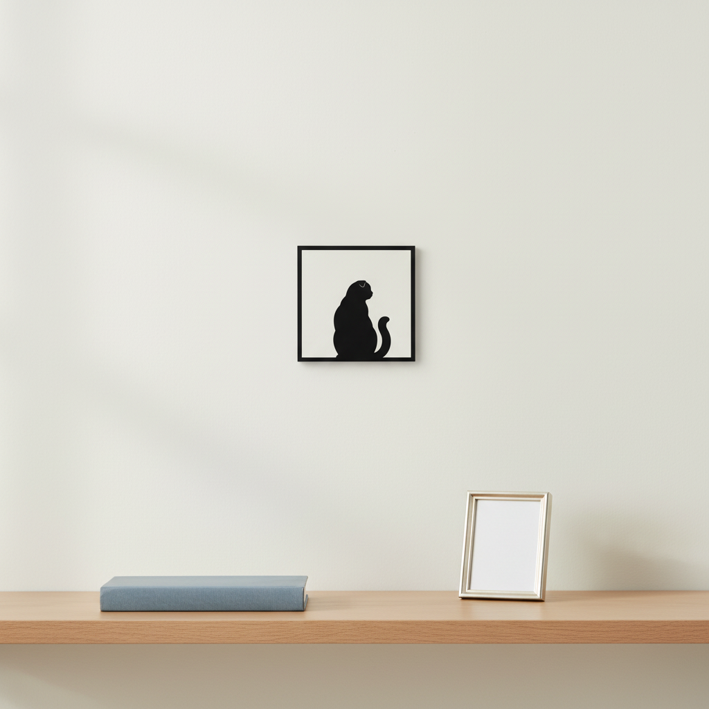 Quadretto gatto Scottish Fold nero ambientato con proporzioni reali di 15 cm
