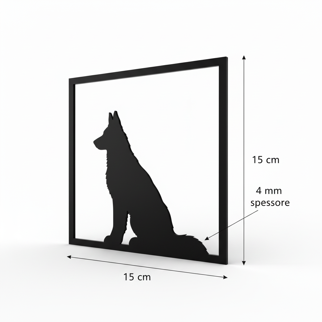 Render 3D del quadretto Pastore Tedesco con misure 15 cm di larghezza, 15 cm di altezza e spessore 4 mm
