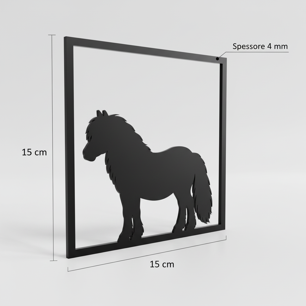Vista 3D del quadretto da parete del Pony Shetland con dimensioni 15 × 15 cm e spessore 4 mm