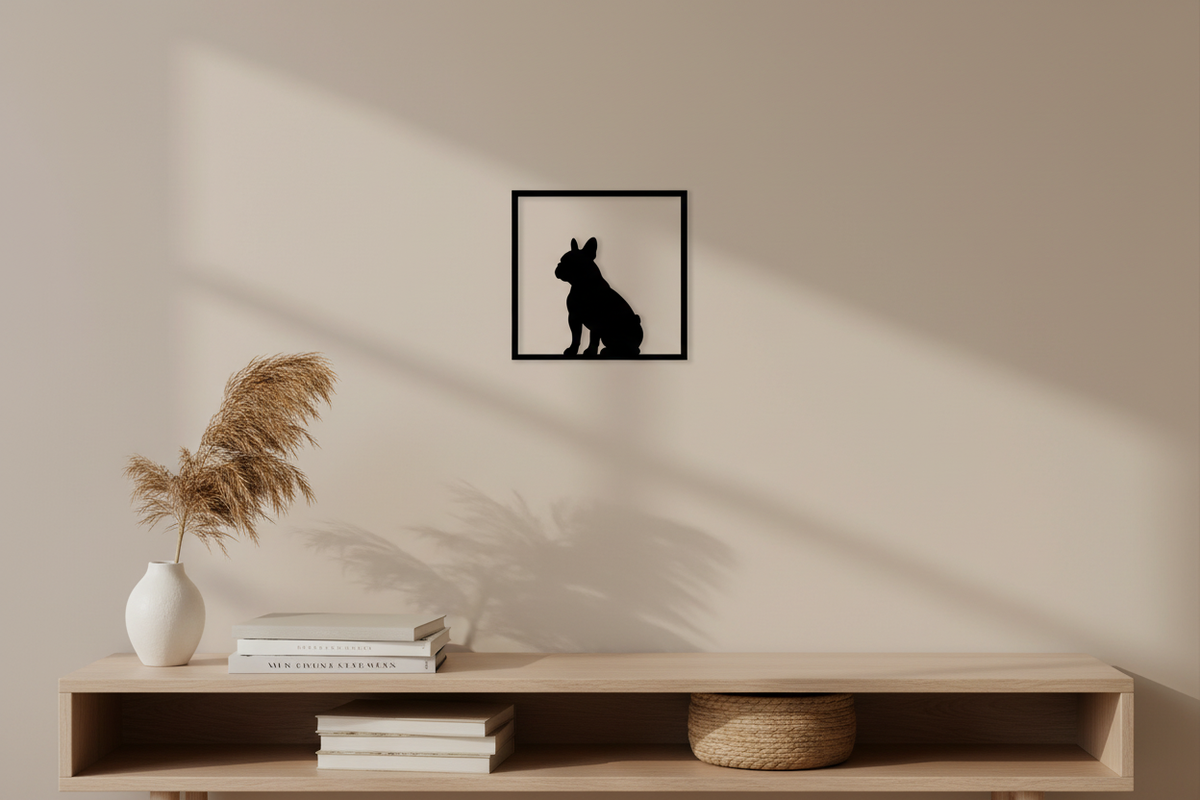 Sagoma nera di Bulldog Francese ambientata su una parete, con il muro visibile negli spazi vuoti