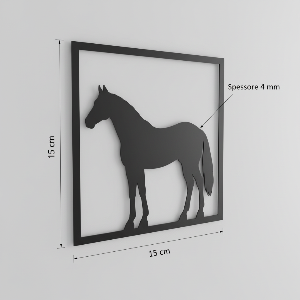 Vista 3D del quadretto da parete del Quarter Horse con dimensioni 15 × 15 cm e spessore 4 mm