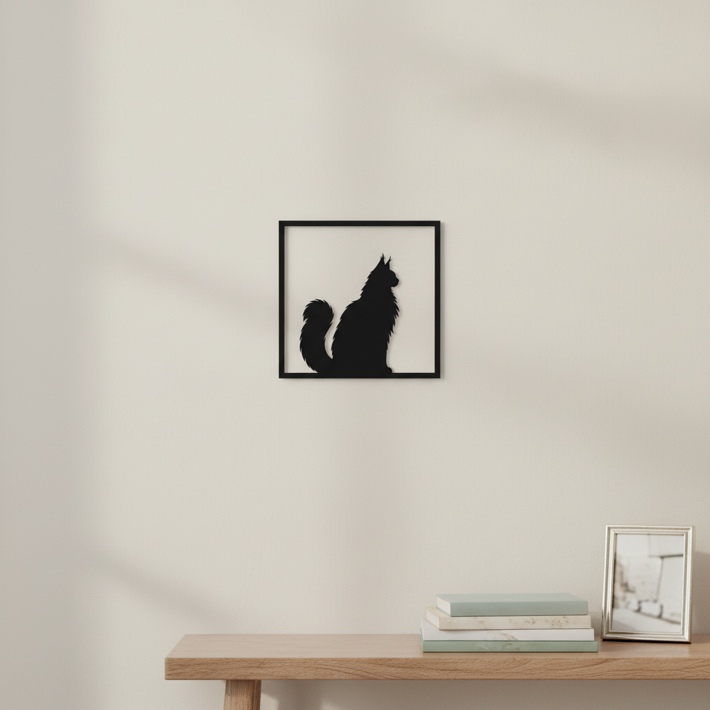 Quadretto gatto Maine Coon nero rivolto verso destra ambientato in un interno