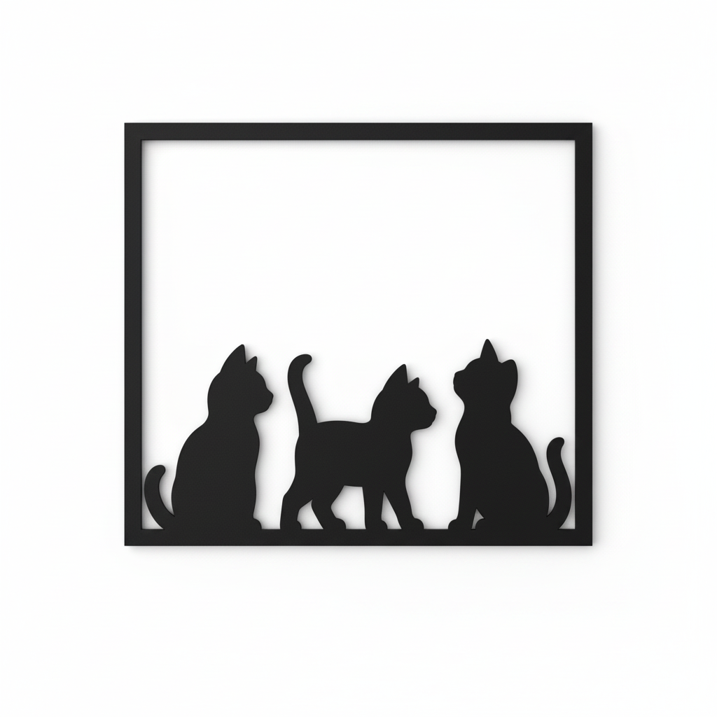 Quadretto nero da parete con tre gattini neri in silhouette