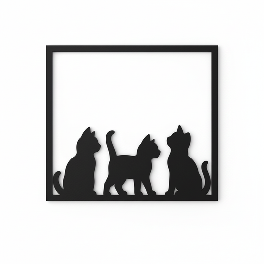 Quadretto nero da parete con tre gattini neri in silhouette