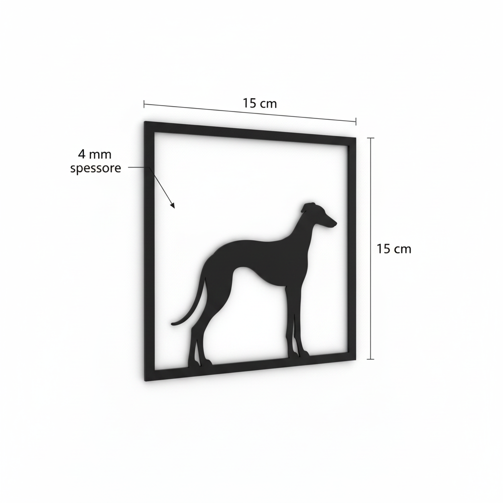 Render 3D del quadretto Levriero con misure 15 cm di larghezza, 15 cm di altezza e spessore 4 mm