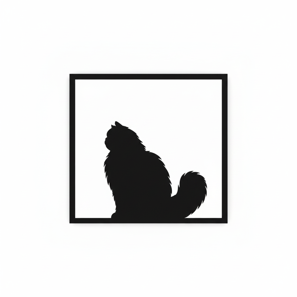 Quadretto nero da parete con silhouette di gatto persiano capovolta orizzontalmente