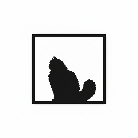 Quadretto nero da parete con silhouette di gatto persiano capovolta orizzontalmente