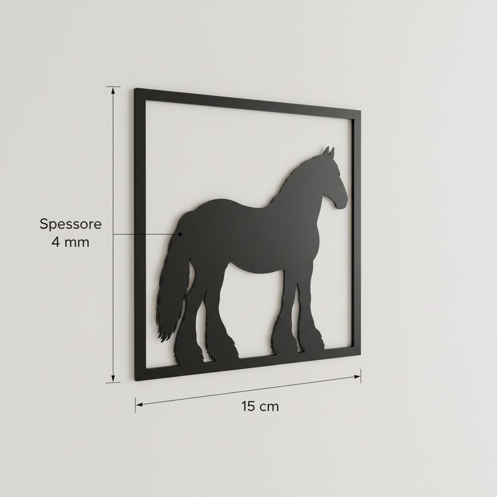 Vista 3D del quadretto da parete del cavallo Shire con dimensioni 15 × 15 cm e spessore 4 mm