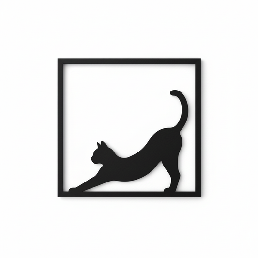 Quadretto nero da parete con silhouette di gatto Bengala in stretching